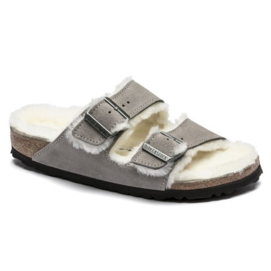 Women'S Birkenstock Footbed | Birkenstock Women'S Arizona Shearling In Stone Coin Suede/Shearling