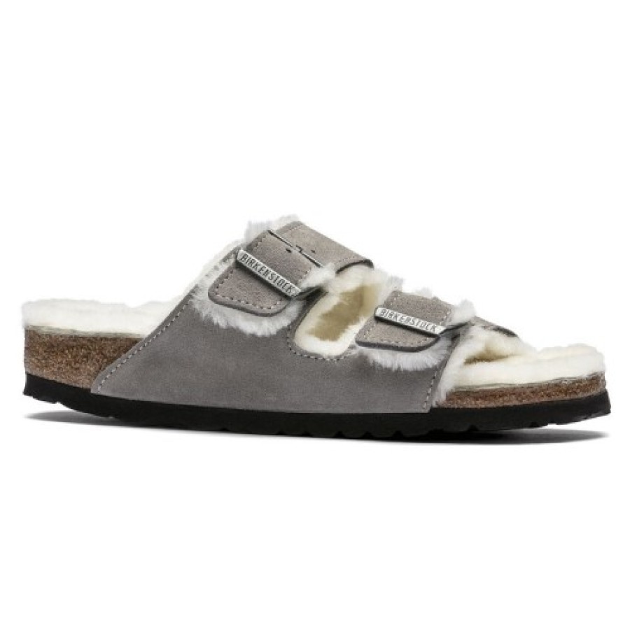 Women'S Birkenstock Footbed | Birkenstock Women'S Arizona Shearling In Stone Coin Suede/Shearling