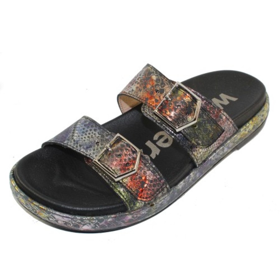 Women'S Wonders Slides | Wonders Women'S B-7401-F In Selva Black Multi Colored Metallic Embossed Reptile Printed Leather