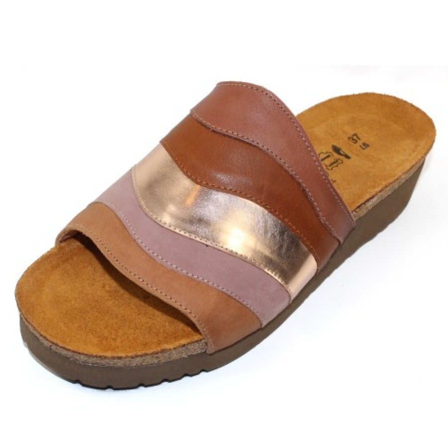 Women'S Naot Slides | Naot Women'S Portia In Mocha Rose/Soft Maple/Rose Gold Leather Combo