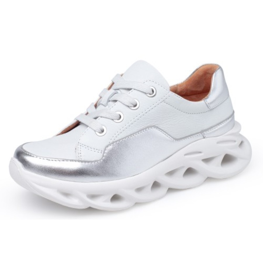 Women'S Yes Brand Shoes Walking | Yes Brand Shoes Women'S Serenity In White Plonge Leather/Silver Metallic Leather