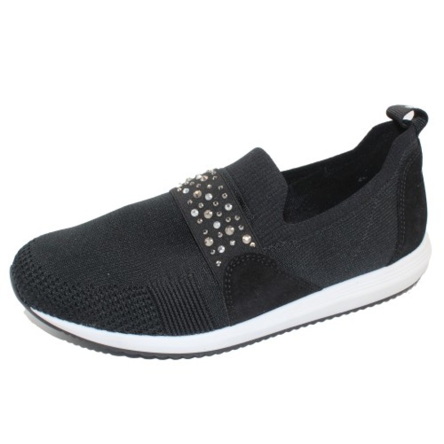 Women'S Ara Walking | Ara Women'S Lynn In Black Wovenstretch/Suede/Rhinestone