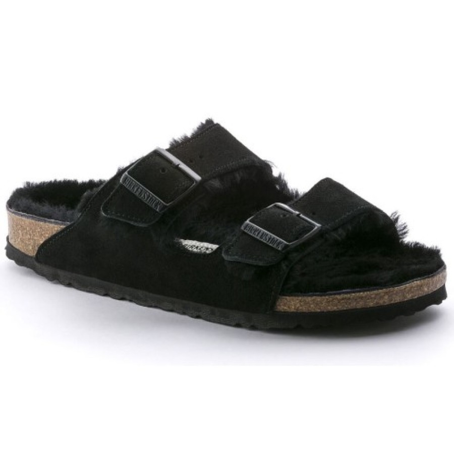 Women'S Birkenstock Slides | Birkenstock Women'S Arizona Shearling In Black Suede/Shearling