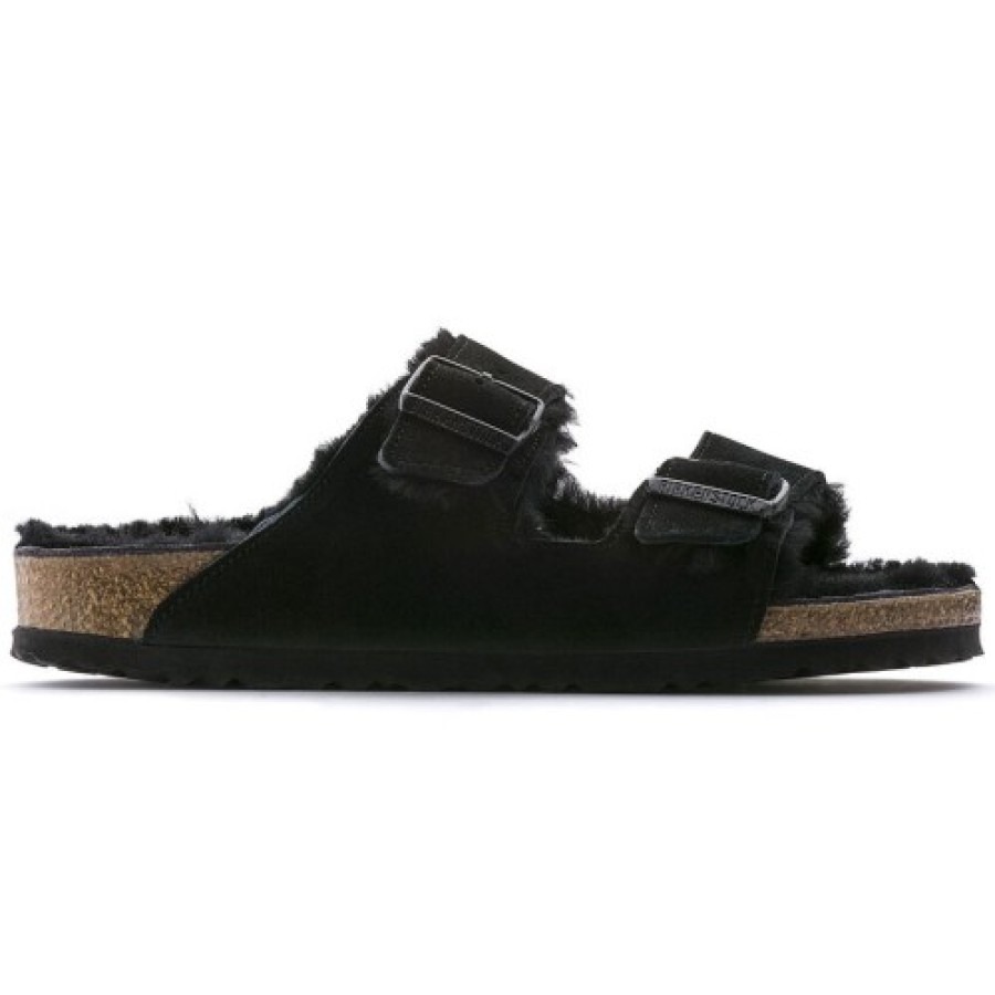 Women'S Birkenstock Slides | Birkenstock Women'S Arizona Shearling In Black Suede/Shearling