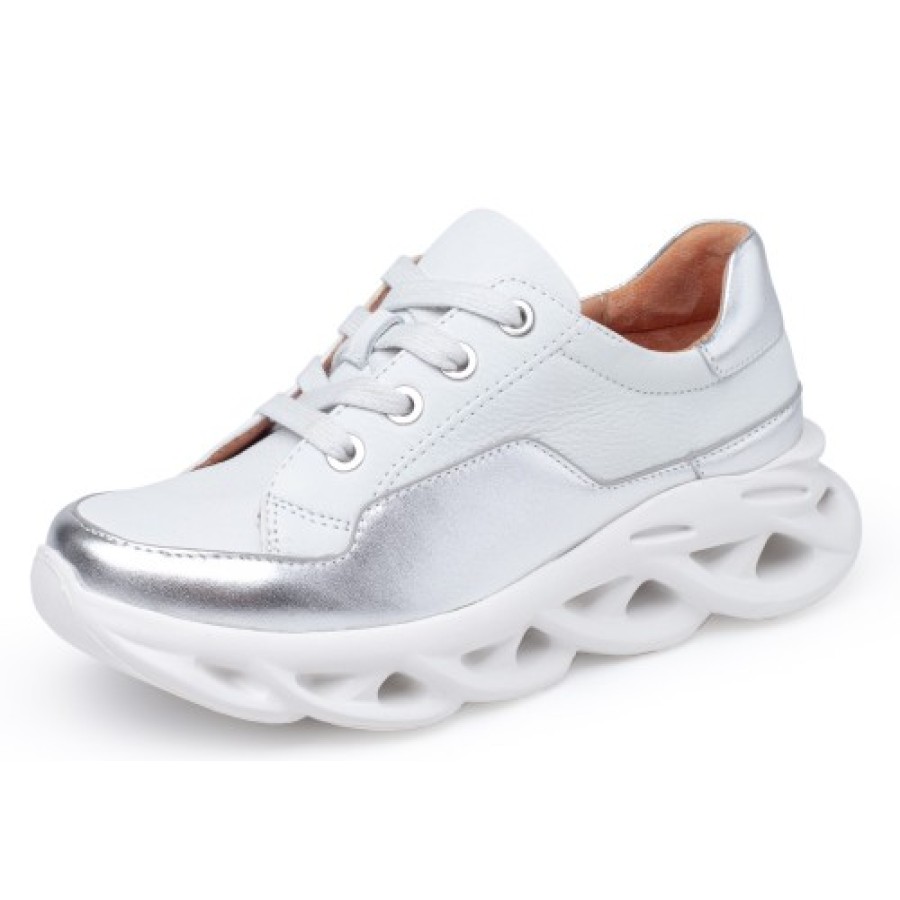 Women'S Yes Brand Shoes Fashion | Yes Brand Shoes Women'S Serenity In White Plonge Leather/Silver Metallic Leather