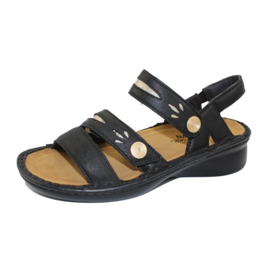 Women'S Naot Wedges | Naot Women'S Cadence In Soft Black/Radiant Gold Leather