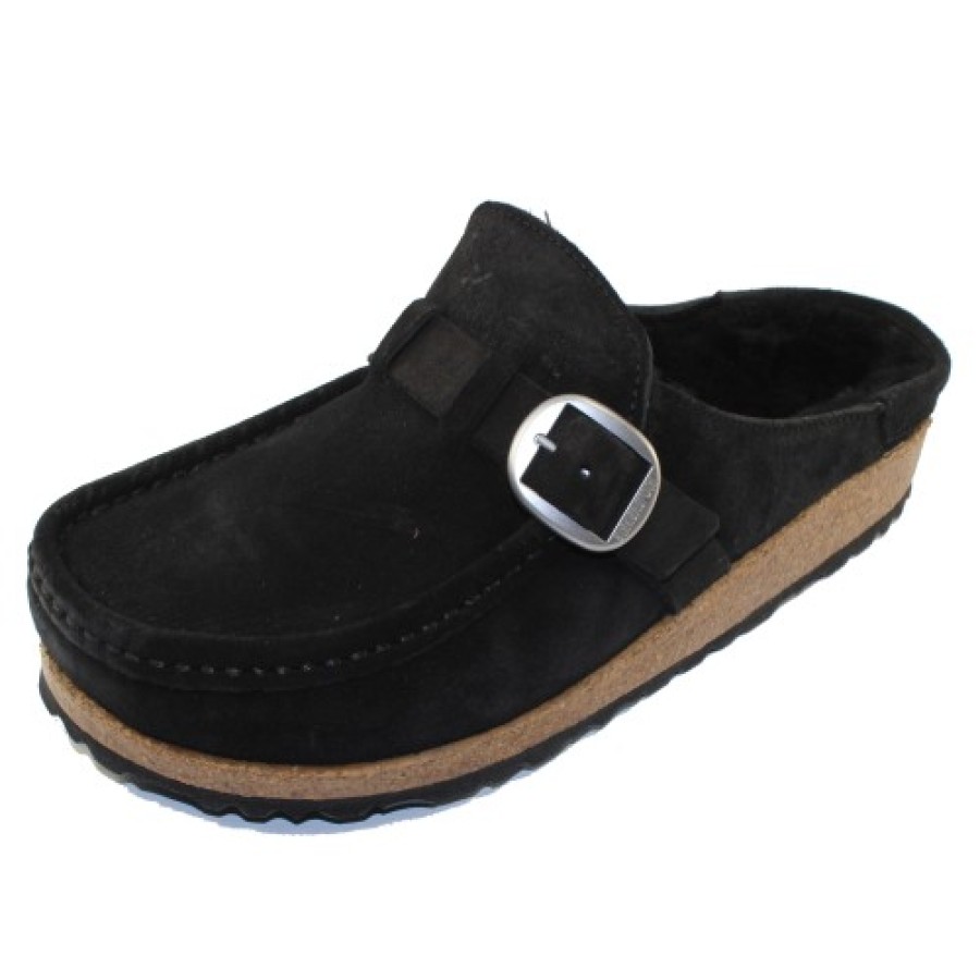 Women'S Birkenstock Open Back | Birkenstock Women'S Buckley Shearling In Black Suede/Shearling