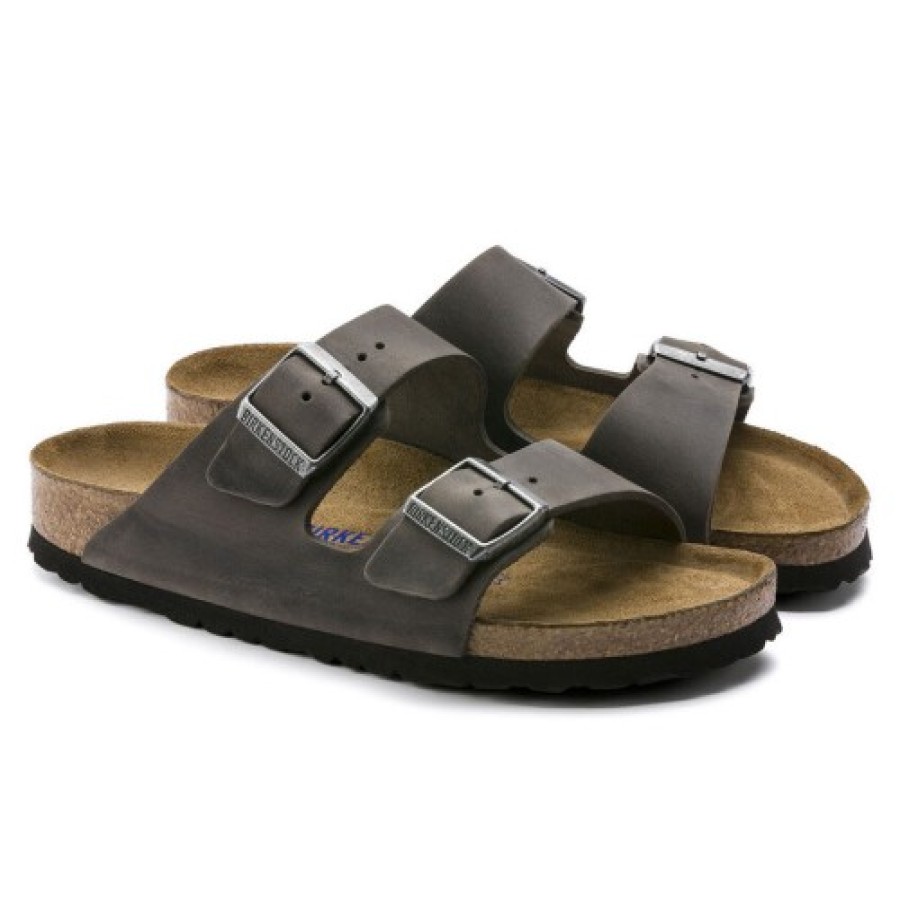 Men'S Birkenstock Slides | Birkenstock Men'S Arizona Soft Footbed In Iron Oiled Leather