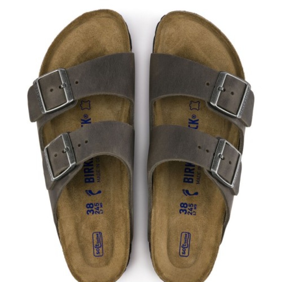 Men'S Birkenstock Slides | Birkenstock Men'S Arizona Soft Footbed In Iron Oiled Leather