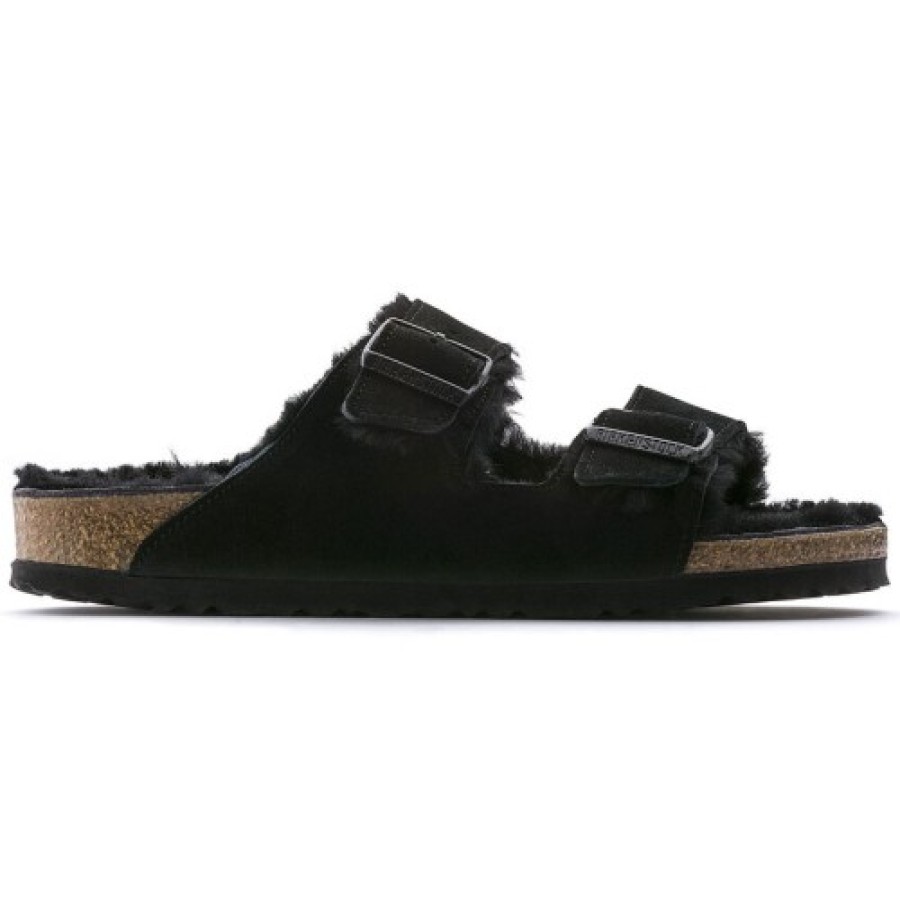 Women'S Birkenstock Flats | Birkenstock Women'S Arizona Shearling In Black Suede/Shearling