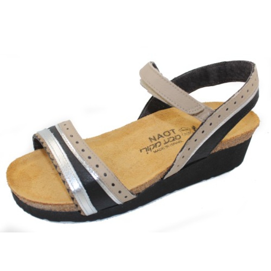 Women'S Naot Wedges | Naot Women'S Beverly In Soft Black/Soft Beige/Soft Silver Leather