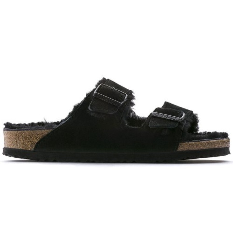 Women'S Birkenstock Footbed | Birkenstock Women'S Arizona Shearling In Black Suede/Shearling