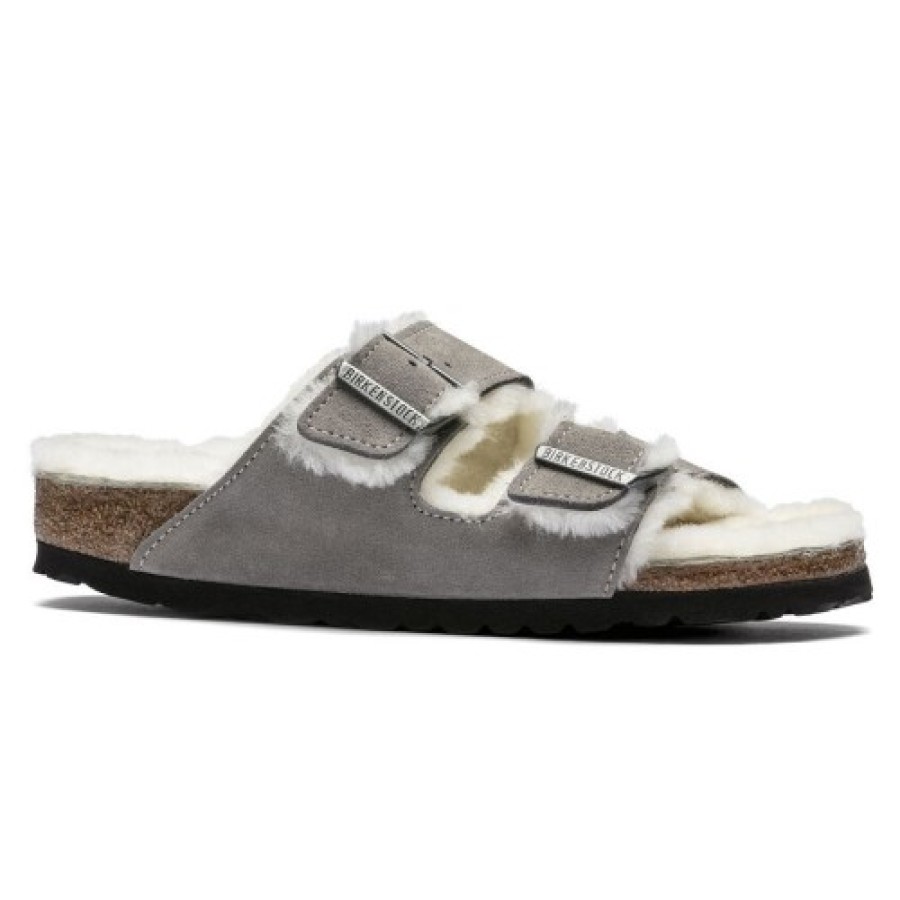 Women'S Birkenstock Slides | Birkenstock Women'S Arizona Shearling In Stone Coin Suede/Shearling