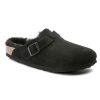 Women'S Birkenstock Open Back | Birkenstock Women'S Boston Shearling In Black Suede/Shearling