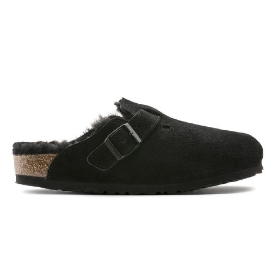 Women'S Birkenstock Open Back | Birkenstock Women'S Boston Shearling In Black Suede/Shearling