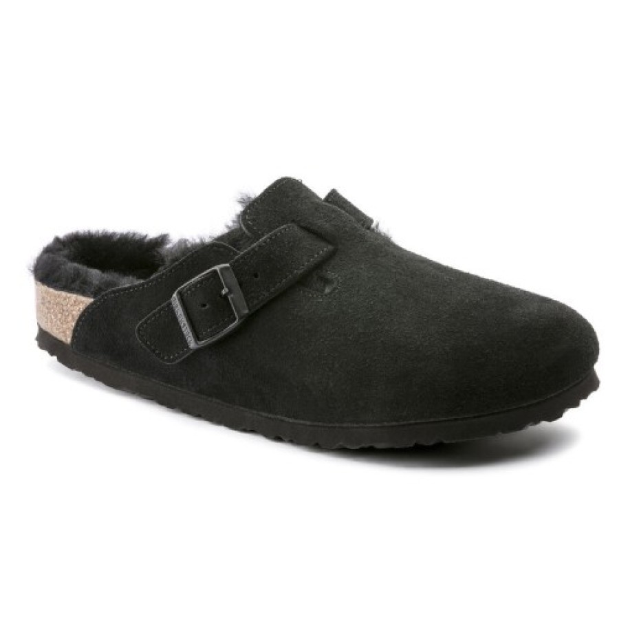 Women'S Birkenstock Walking | Birkenstock Women'S Boston Shearling In Black Suede/Shearling