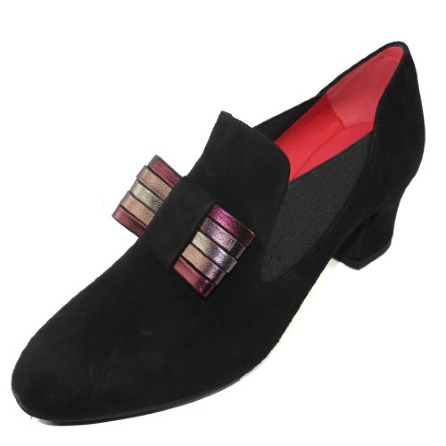 Women'S Pas De Rouge Slip Ons | Pas De Rouge Women'S Alfa 1920 In Black Suede/Soft Multi Color Metallic Leather