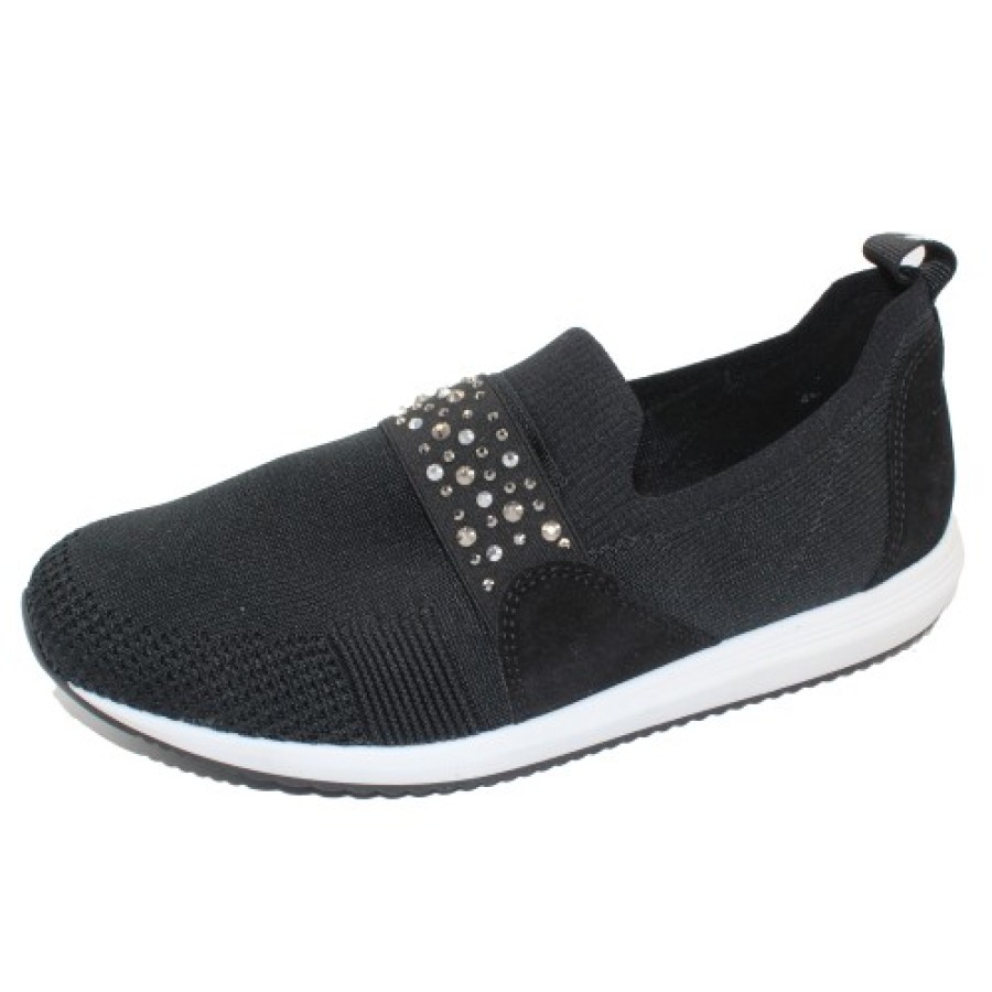 Women'S Ara Slip Ons | Ara Women'S Lynn In Black Wovenstretch/Suede/Rhinestone