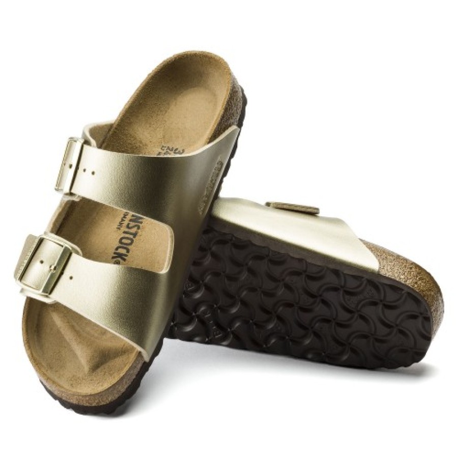 Women'S Birkenstock Slides | Birkenstock Women'S Arizona In Gold Birki-Flor