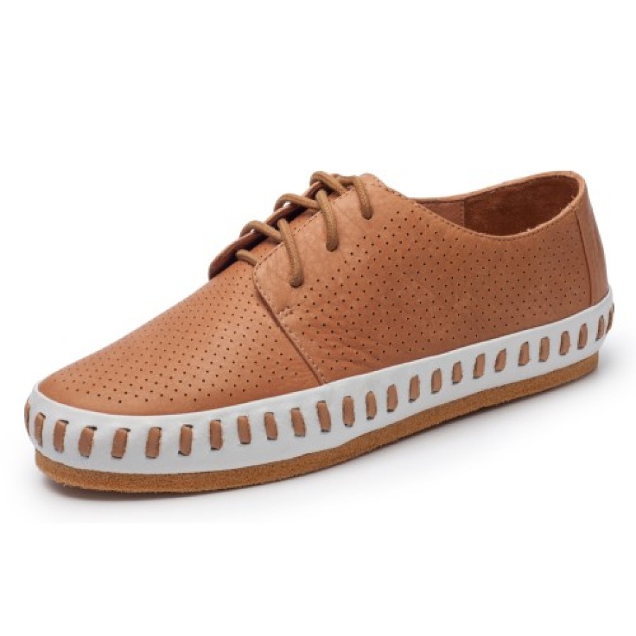 Women'S Yes Brand Shoes Oxfords | Yes Brand Shoes Women'S Barbi In Cognac Perf/White Plonge Leather