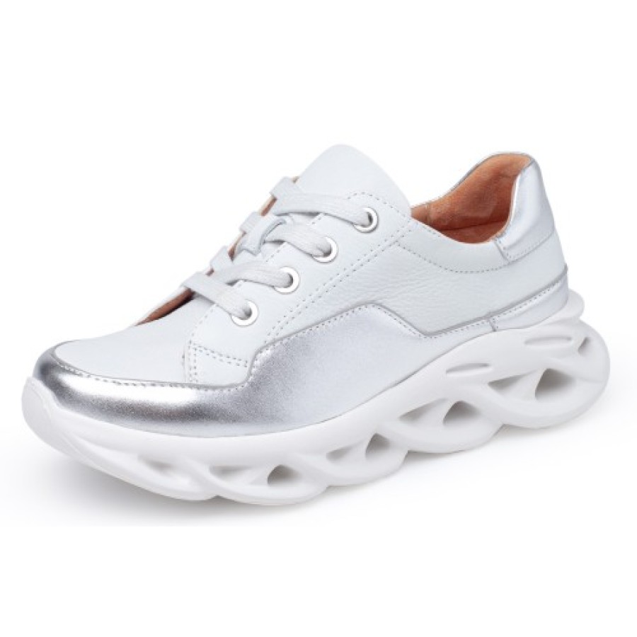 Women'S Yes Brand Shoes Walking | Yes Brand Shoes Women'S Serenity In White Plonge Leather/Silver Metallic Leather