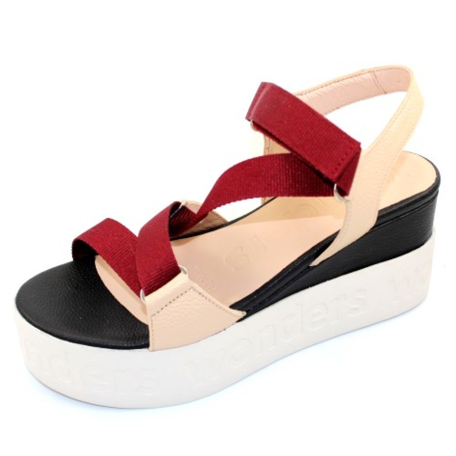 Women'S Wonders Wedges | Wonders Women'S B-7521 In Natural Leather/Burgundy Nylon