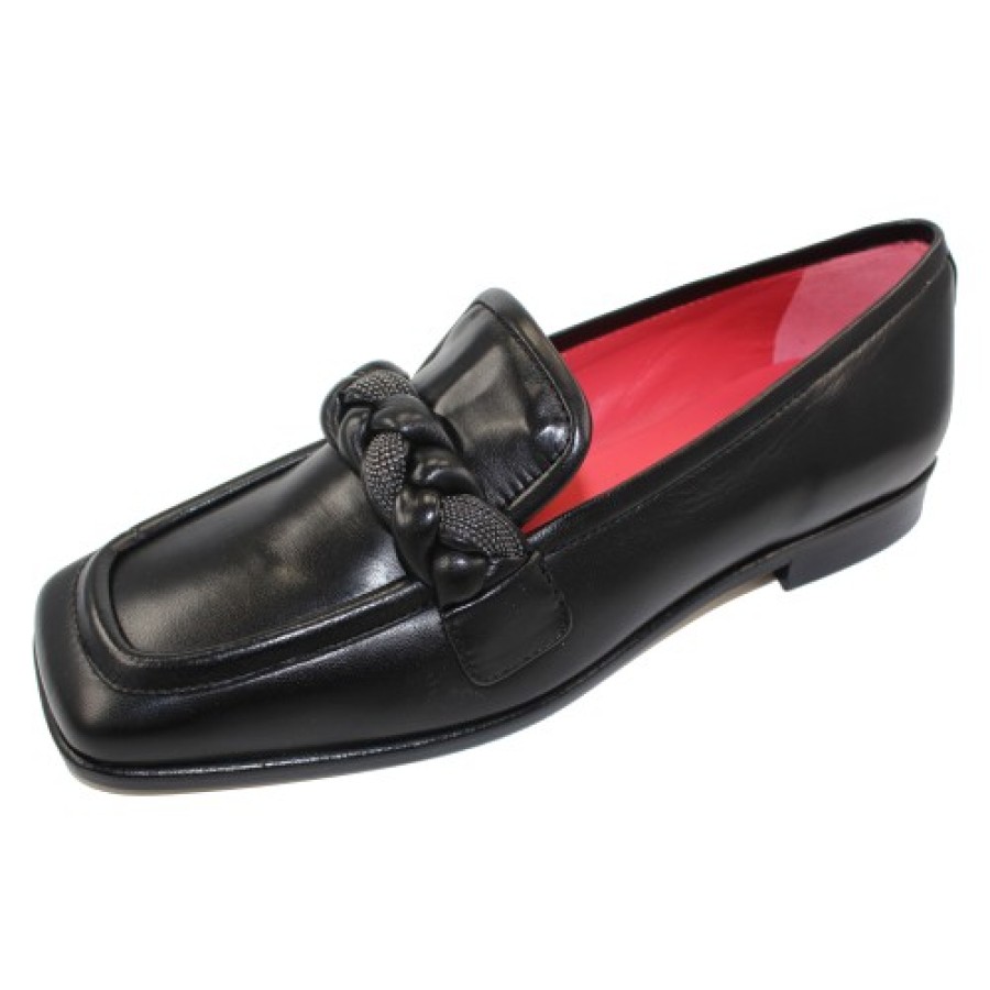 Women'S Pas De Rouge Slip Ons | Pas De Rouge Women'S Yuna 4041 In Black Nappa Leather/Pewter Detail