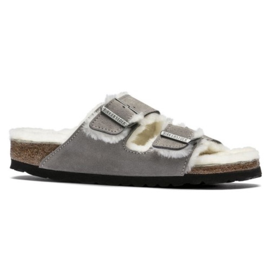 Women'S Birkenstock Walking | Birkenstock Women'S Arizona Shearling In Stone Coin Suede/Shearling