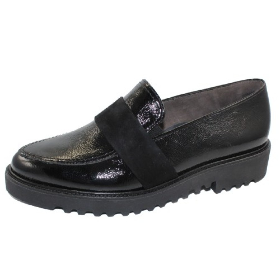 Women'S Paul Green Slip Ons | Paul Green Women'S Seneca Flt In Black Crinkled Patent Leather/Suede