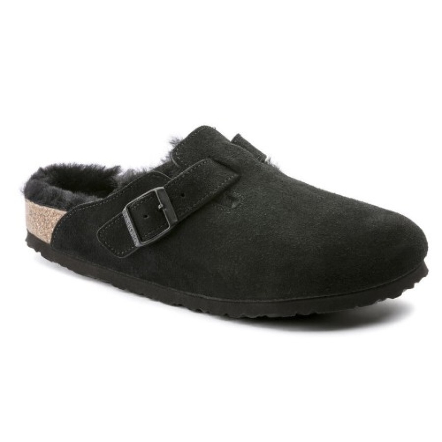 Women'S Birkenstock Clogs & Mules | Birkenstock Women'S Boston Shearling In Black Suede/Shearling