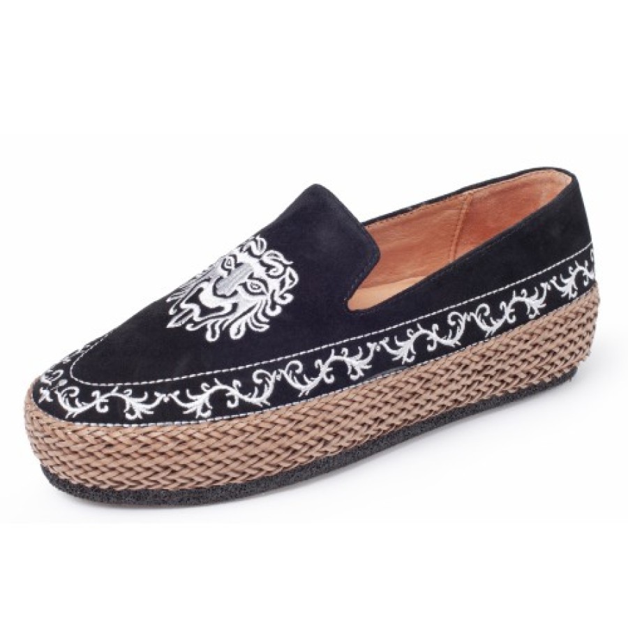 Women'S Yes Brand Shoes Slip Ons | Yes Brand Shoes Women'S Cora In Black Kid Suede/Brown Woven Leather