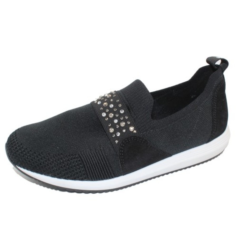 Women'S Ara Slip Ons | Ara Women'S Lynn In Black Wovenstretch/Suede/Rhinestone