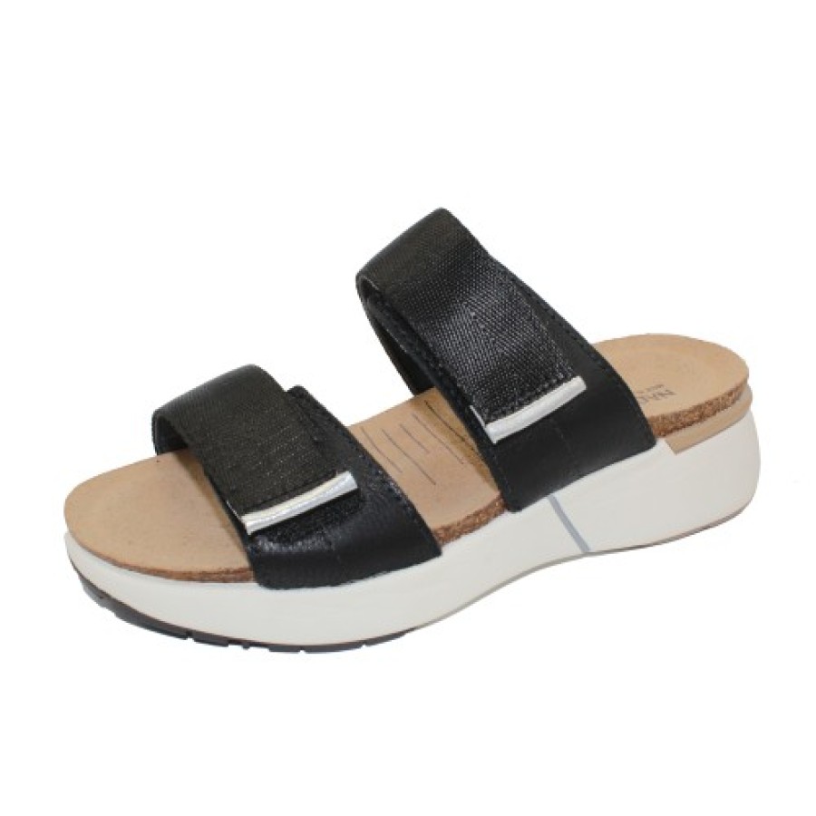 Women'S Naot Wedges | Naot Women'S Calliope In Soft Black/Soft Silver Leather/Black Woven Strap