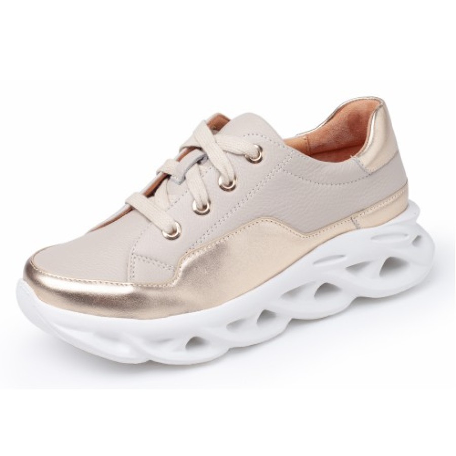 Women'S Yes Brand Shoes Travel | Yes Brand Shoes Women'S Serenity In Beige Plonge Leather/Gold Metallic Leather