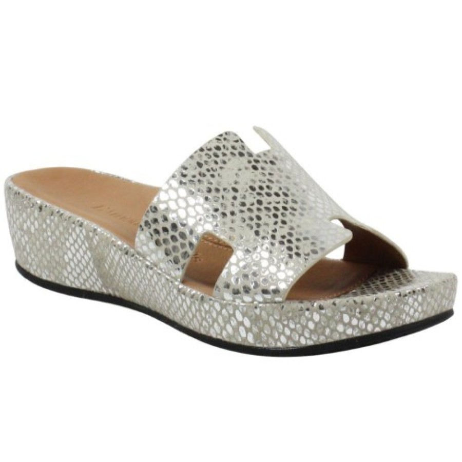 Women'S Lamour Des Pieds Wedges | Lamour Des Pieds Women'S Catiana In Silver/Gold Snake Printed Leather