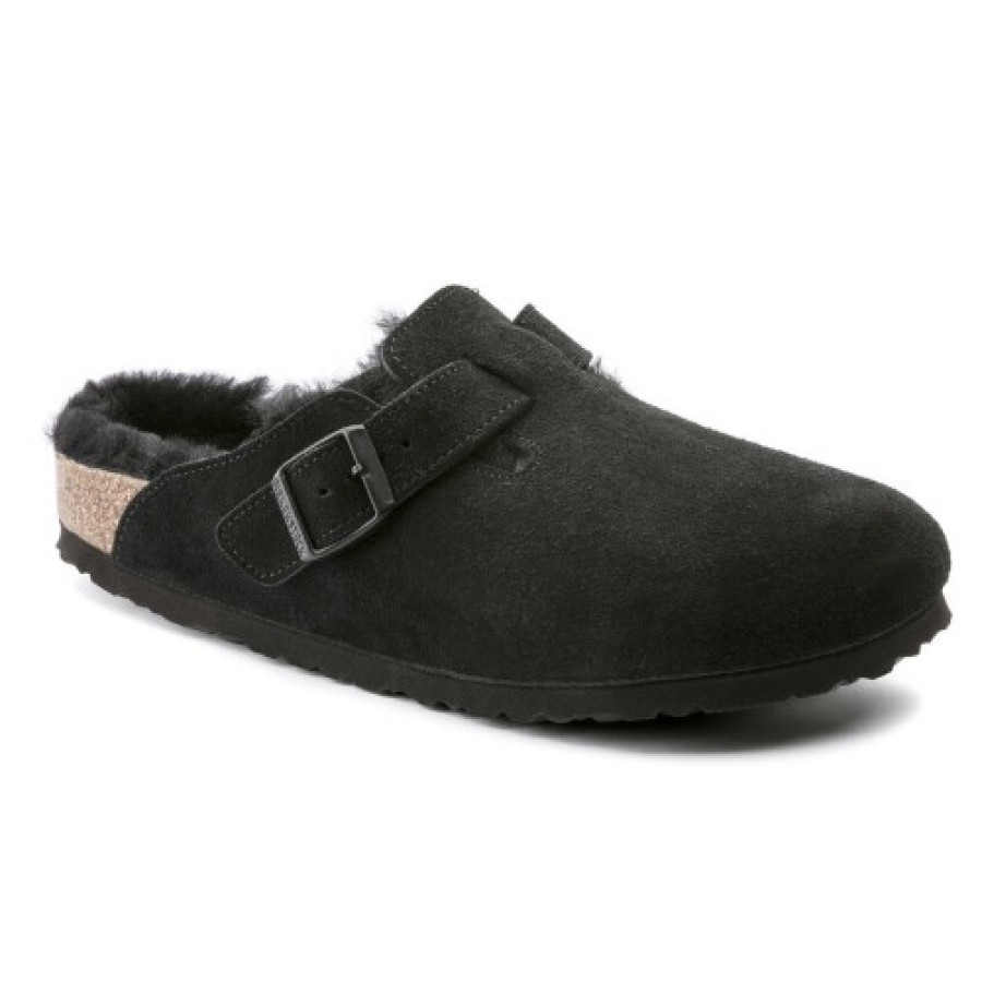 Women'S Birkenstock Slip Ons | Birkenstock Women'S Boston Shearling In Black Suede/Shearling