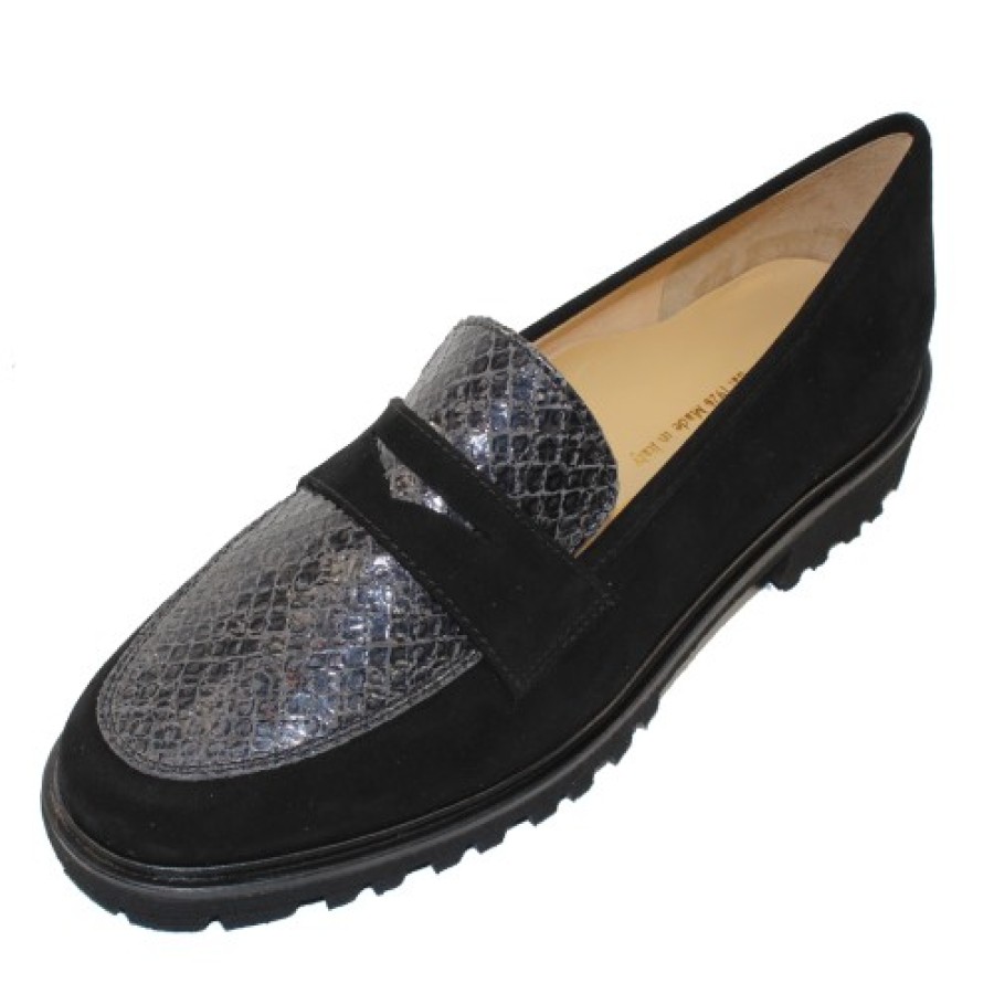 Women'S Brunate Slip Ons | Brunate Women'S Mila In Black Suede/Grey Reptile Embossed Leather