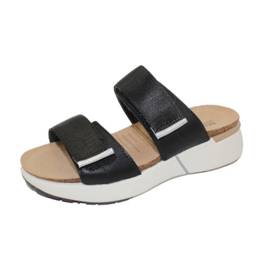 Women'S Naot Slides | Naot Women'S Calliope In Soft Black/Soft Silver Leather/Black Woven Strap